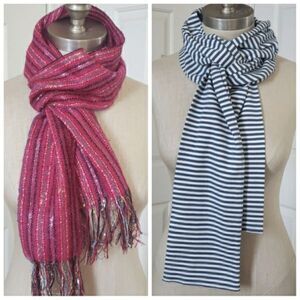 SCARF BUNDLE of Two Striped Scarves Metallic Pink Woven Classic Blue White